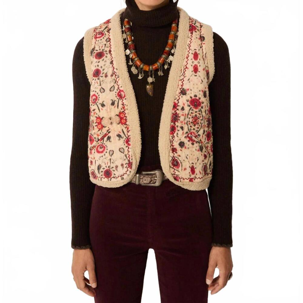 Maison Hotel Floral Embroidered Cream Sherpa-Lined Vest